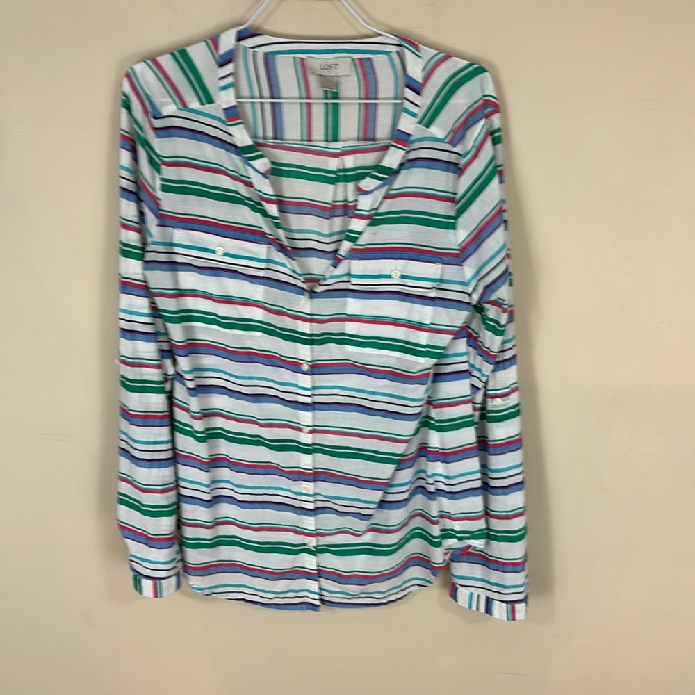 Loft  Outlet Soft Button Down Striped Long Sleeve  Shirt with Tabs Sleeves S